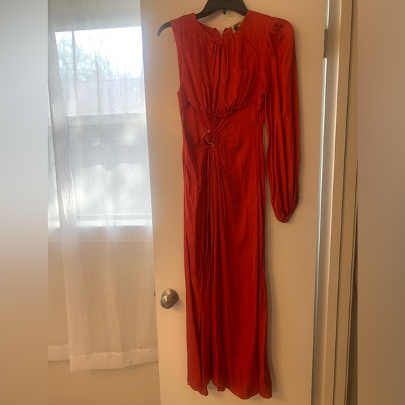 Farm Rio One-Shoulder Red Satin Midi Dress with Ring Detail - Picture 2 of 4